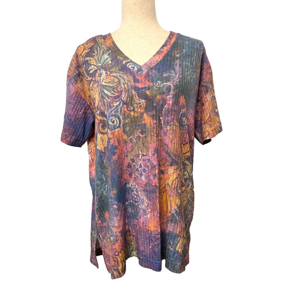 Vintage IVY WEAR Women's M Ribbed Knit T-Shirt V-Neck Pastel Y2K Floral USA Made